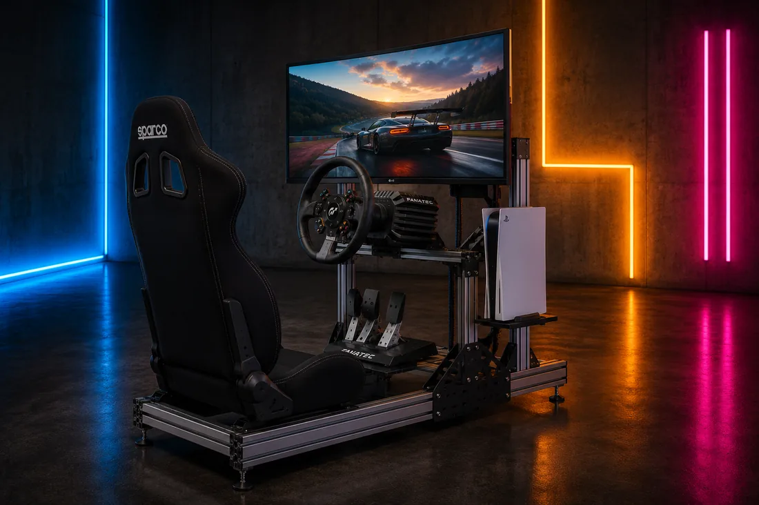 Závodní simulátor Gran Turismo s volantem a kokpitem v aréně ZÓNA24