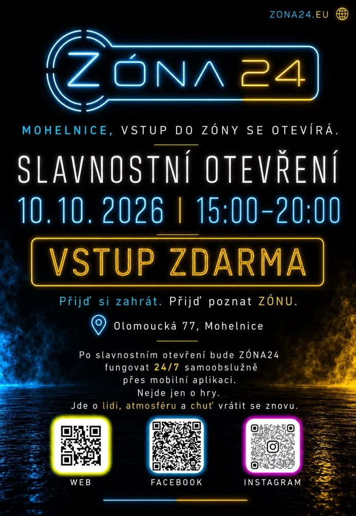 Plakát: slavnostní otevření ZÓNA24 v Mohelnici, 10. 10. 2026 od 15:00 do 20:00, vstup zdarma, Olomoucká 77.